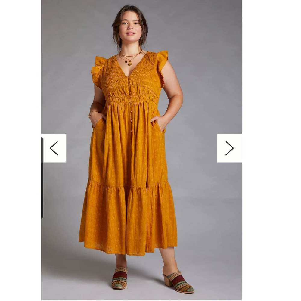 Anthropologie Peregrine Midi Dress Mustard Yellow Smocked Tiered Cotton Size M
